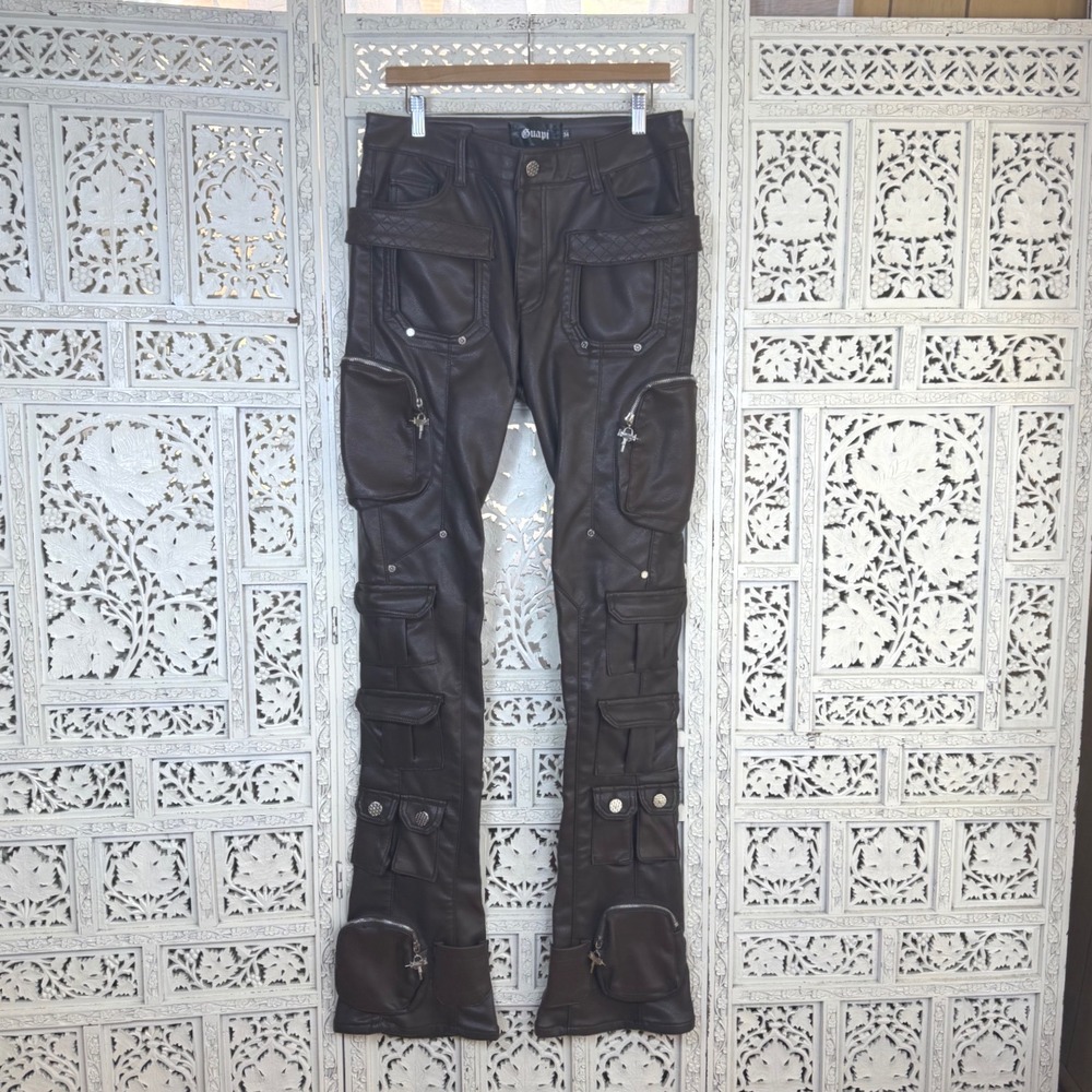 Guapi Brown Faux Leather Stacked Cargo Pants Size 34 Biker Zipper Street Wear